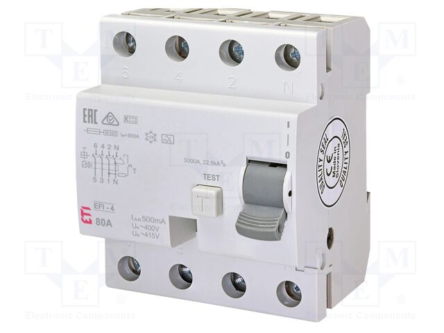 RCD breaker; Inom: 80A; Ires: 500mA; Poles: 4; 230/400V; DIN; IP20