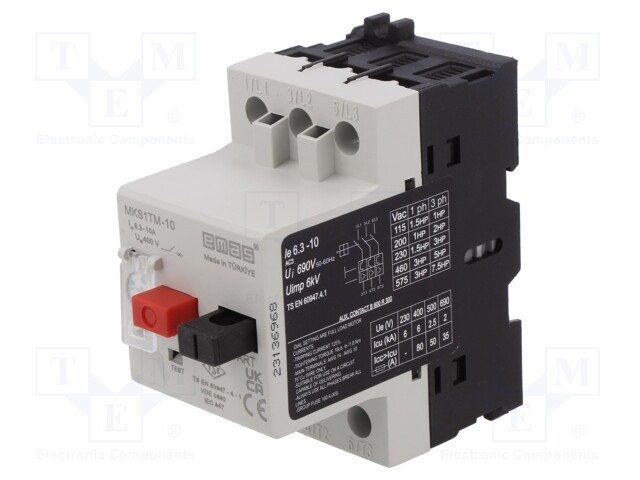Motor breaker; for DIN rail mounting; 6.3÷10A; IP40; -5÷40°C