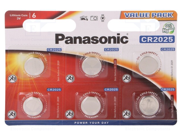 Battery: lithium; 3V; CR2025,coin; Batt.no: 6; Ø20x2.5mm