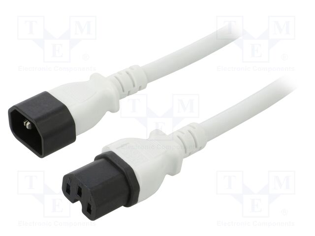 Cable; 3x14AWG; IEC C14 male,IEC C15 female; PVC; 1m; white; 15A