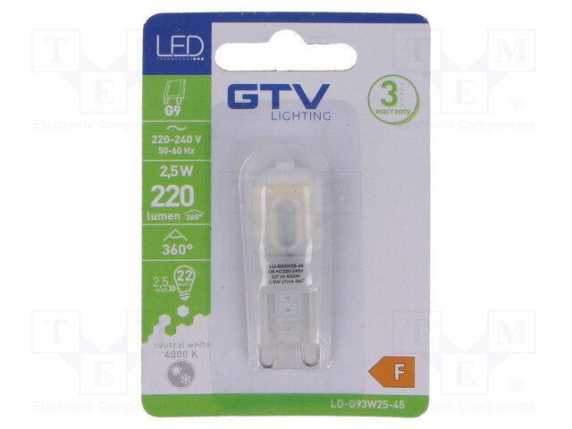 LED lamp; neutral white; G9; 230VAC; 220lm; 2.5W; 360°; 4000K