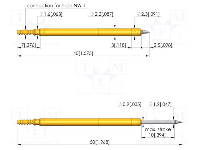 Test needle; Spring compression: 6mm; 10mm; 2A; steel; Ø: 1mm; 0.8N