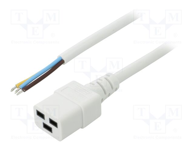 Cable; 3x1.5mm2; IEC C19 female,wires; PVC; Len: 5m; white; 16A