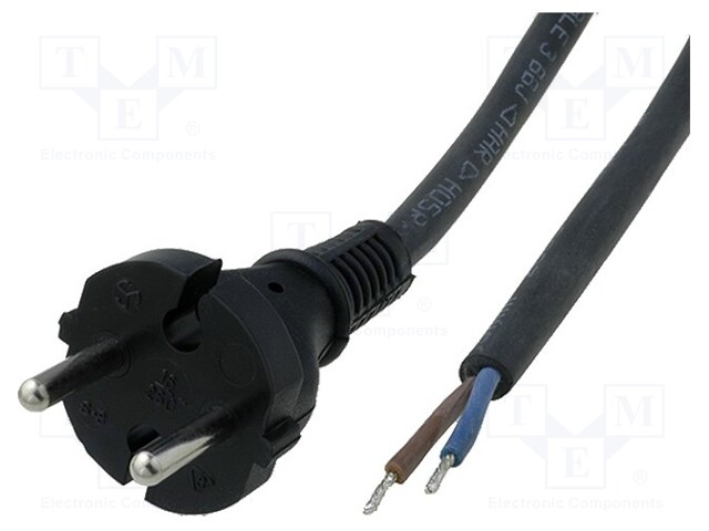 Cable; CEE 7/17 (C) plug,wires; 3m; black; rubber; 2x0,75mm2; 6A