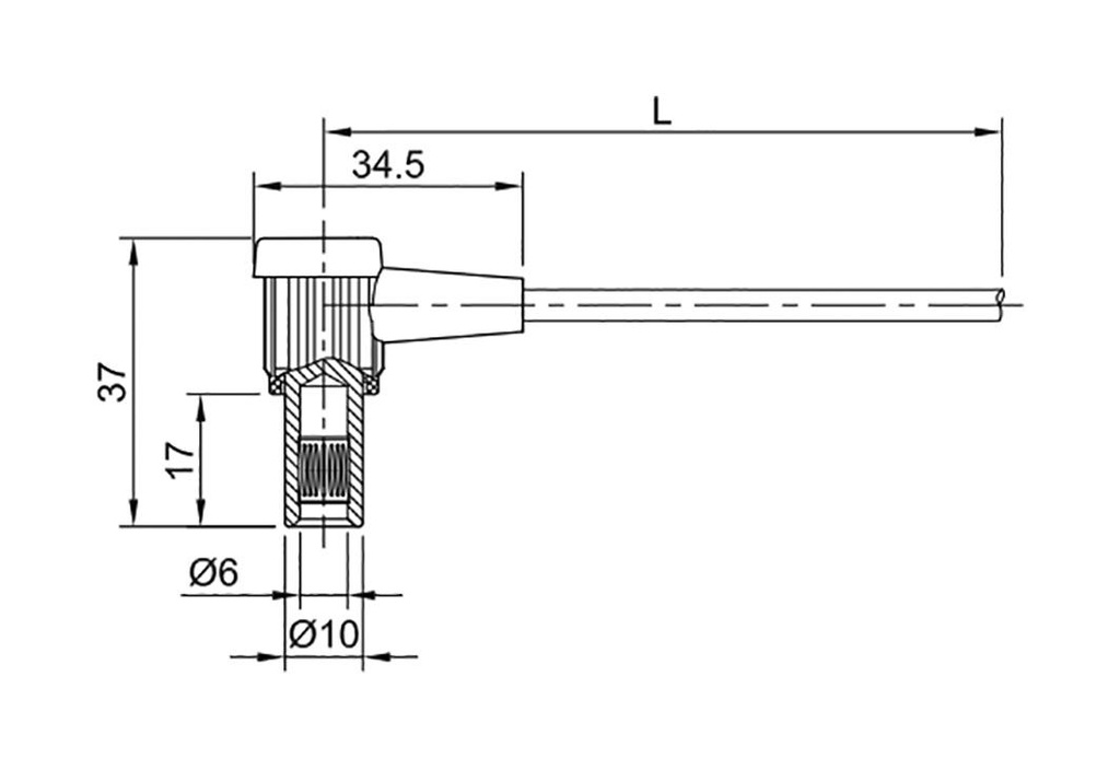 Connection cable; socket angled 6mm; non-insulated; Len: 2m