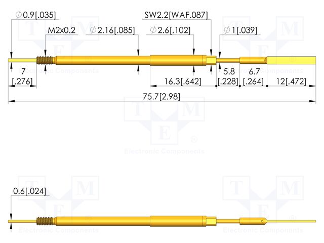 Test needle; Spring compression: 5mm; 5.5mm; 8A; steel; Ø: 1.9mm