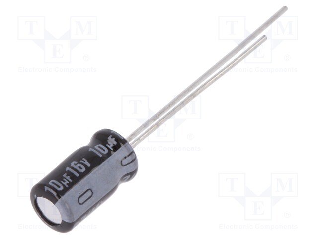 Capacitor: electrolytic; THT; 10uF; 16VDC; Ø5x9mm; Pitch: 2mm; ±20%