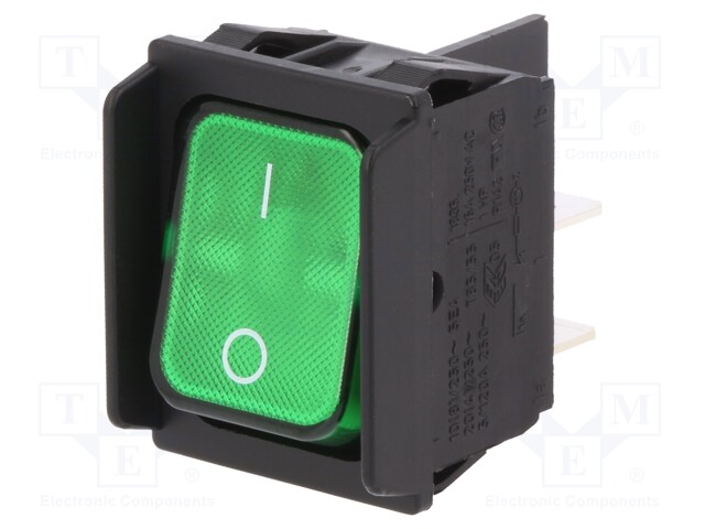 ROCKER; DPST; Pos: 2; OFF-ON; 20A/250VAC; green; IP40; 100mΩ
