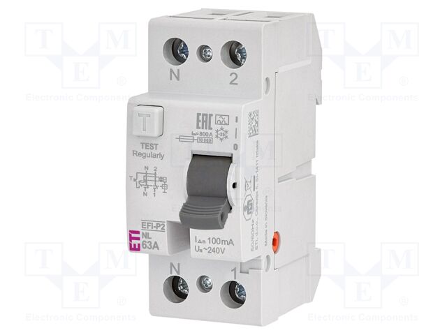 RCD breaker; Inom: 63A; Ires: 100mA; Poles: 2; 230V,240V; IP20; EFI