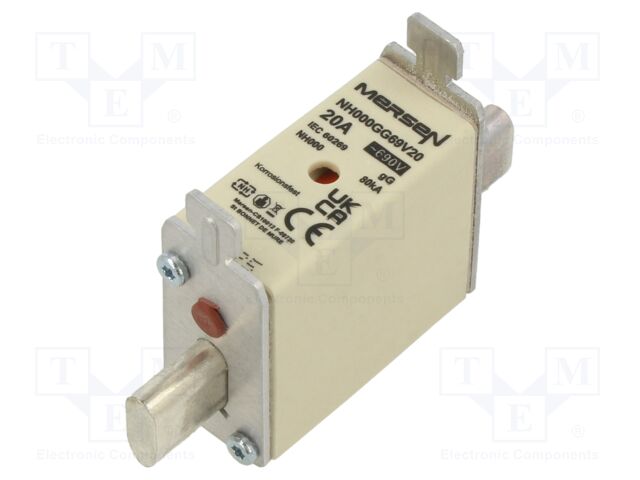 Fuse: fuse; gG; 20A; 690VAC; 250VDC; ceramic,industrial; NH000
