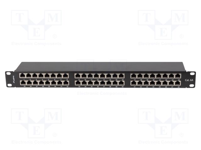 Patch panel; black; Number of ports: 48; Cat: 6a; RJ45 socket x48
