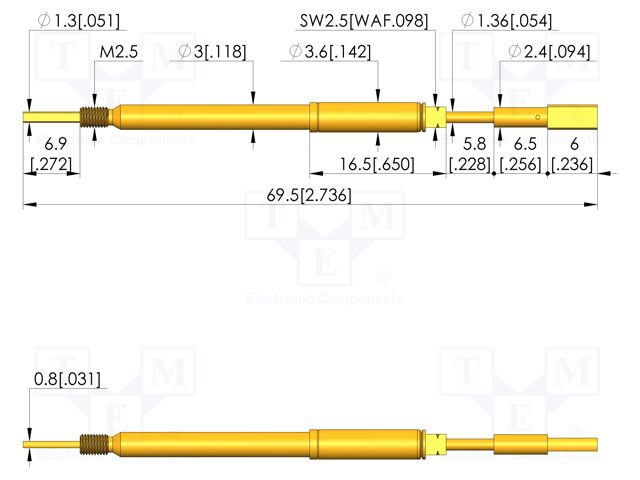 Test needle; Spring compression: 5mm; 5.5mm; 8A; steel; Ø: 3mm; flat