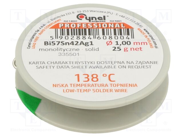 Tin; lead free; Bi57Sn42Ag1; 1mm; 25g; reel; Flux: flux free; 138°C