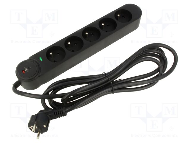 Plug socket strip: protective; Sockets: 5; 250VAC; 16A; black; 3m
