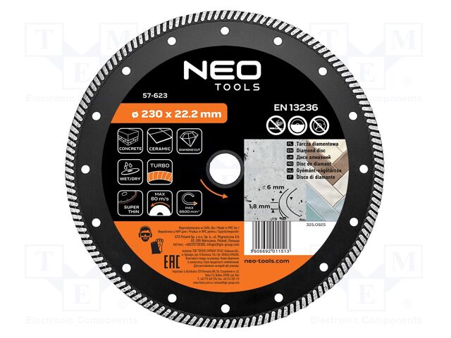 Cutting diamond wheel; Ø: 230mm; thin,turbo; Øhole: 22.2mm