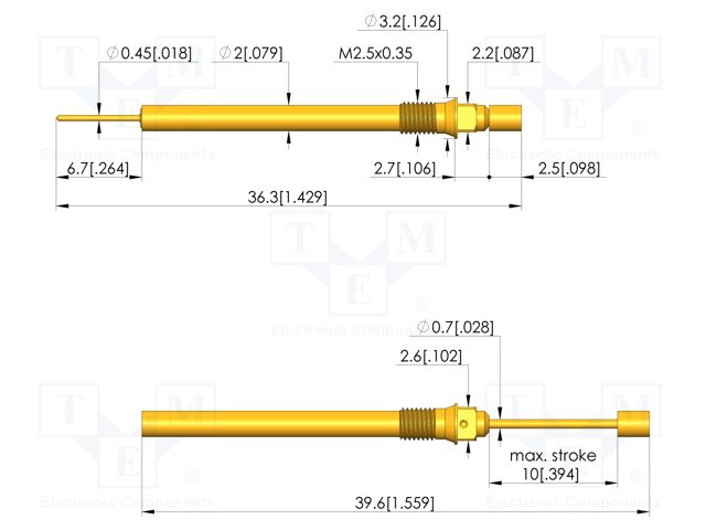 Test needle; Spring compression: 6mm; 10mm; 2A; CuBe; gold-plated
