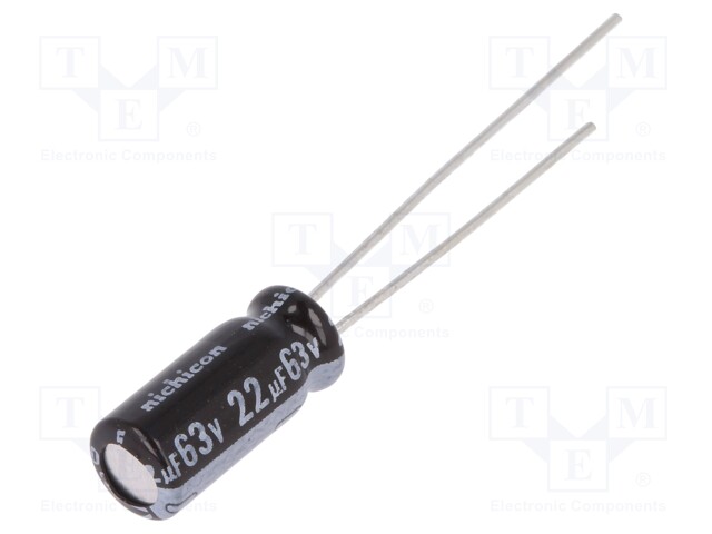 Capacitor: electrolytic; THT; 22uF; 63VDC; Ø5x11mm; Pitch: 2mm; ±20%