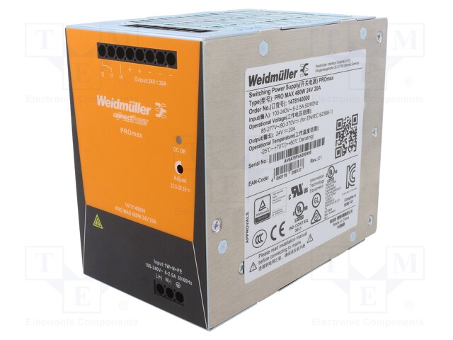 Power supply: switched-mode; 480W; 24VDC; 20A; 85÷277VAC; 2kg; 92%