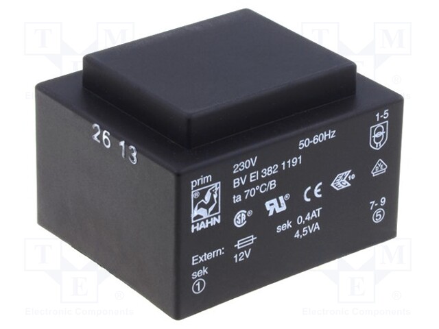 Transformer: encapsulated; 4.5VA; 230VAC; 6V; 750mA; Mounting: PCB