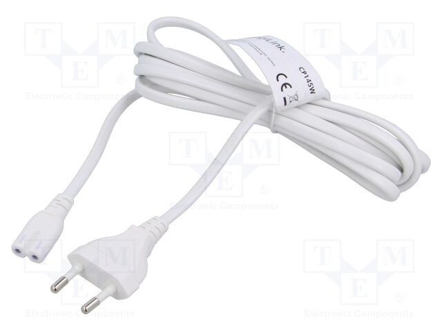 Cable; CEE 7/16 (C) plug,IEC C7 female; 3m; white; 2.5A; 230V