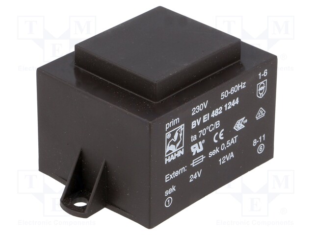 Transformer: encapsulated; 12VA; 230VAC; 24V; 500mA; Mounting: PCB