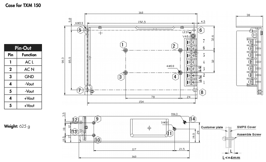 Power supply: switched-mode; modular; 150W; 48VDC; 160x98.3x38mm