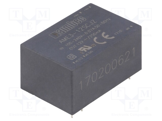 Converter: AC/DC; 3W; Uout: 12VDC; Iout: 0.25A; 77%; Mounting: PCB
