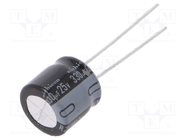 Capacitor: electrolytic; THT; 330uF; 25VDC; Ø10x9mm; Pitch: 5mm