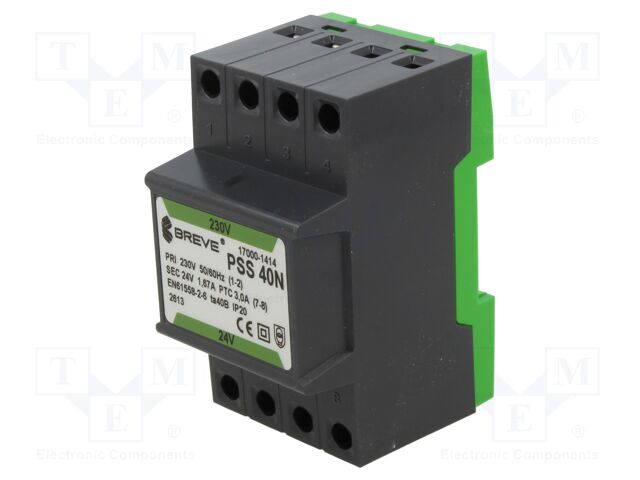 Transformer: mains; 40VA; 230VAC; 24V; Leads: terminal block; IP30