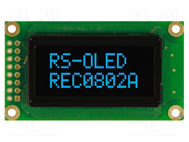 Display: OLED; alphanumeric; 8x2; Window dimensions: 38x16mm; blue