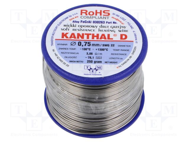 Resistance wire; 3.06Ω/m; -100÷1300°C; 0.25kg; Øout: 0.75mm; 22SWG