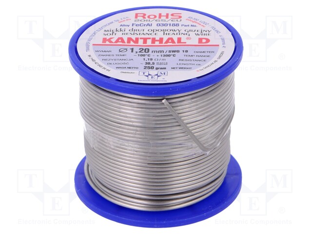 Resistance wire; 1.19Ω/m; -100÷1300°C; Øout: 1.2mm; FeCrAl; 0,25kg