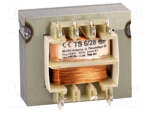 Transformer: mains; 6VA; 230VAC; 25V; 0.2A; Leads: solder lugs; IP00