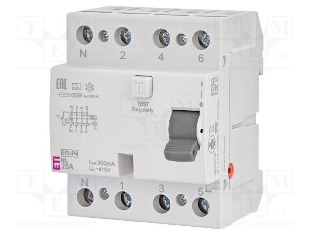 RCD breaker; Inom: 25A; Ires: 300mA; Poles: 4; 400V,415V; IP20; EFI