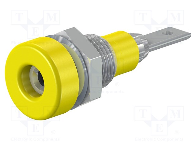 Socket; 2mm banana; 10A; 23mm; yellow; soldered,on panel; 60VDC