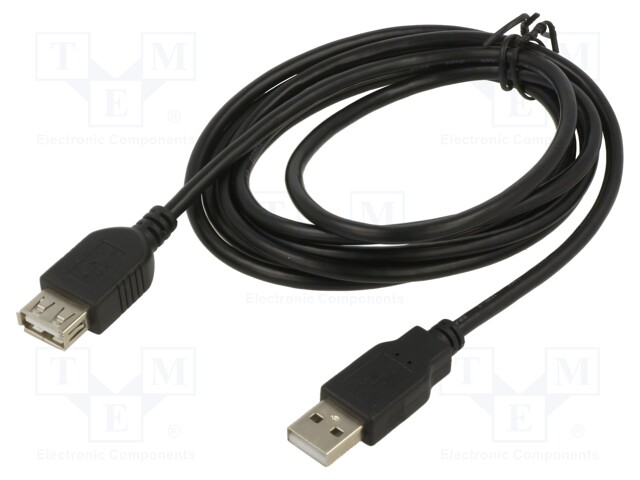 Cable; USB 2.0; USB A socket,USB A plug; 3m; black; Core: Cu; 28AWG