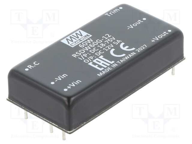 Converter: DC/DC; 60W; Uin: 18÷75V; Uout: 12VDC; Iout: 5A; 2"x1"