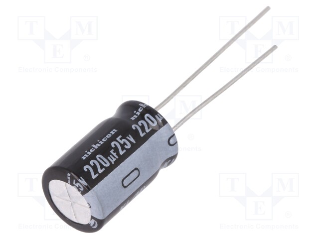 Capacitor: electrolytic; THT; 220uF; 25VDC; Ø10x16mm; Pitch: 5mm