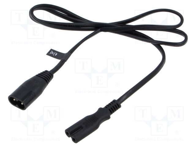 Cable; 2x0.5mm2; IEC C7 female,IEC C8 male; PVC; 1m; black; 2.5A