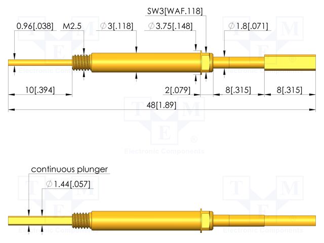 Test needle; Spring compression: 6.4mm; 8mm; 5A; brass; Ø: 2.5mm