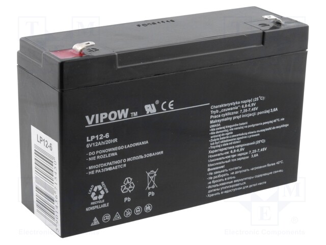 Re-battery: acid-lead; 6V; 12Ah; AGM; maintenance-free