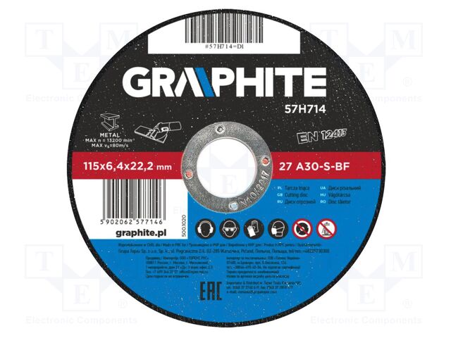 Grinding wheel; Ø: 115mm; Øhole: 22.2mm; Disc thick: 6.4mm; metal