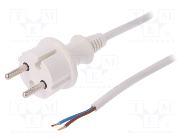 Cable; CEE 7/17 (C) plug,wires; 2m; white; PVC; 2x1mm2; 16A; 250V