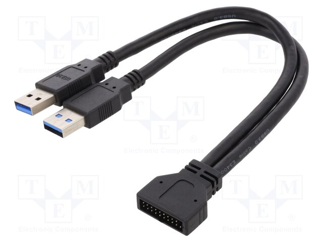 Cable; USB 3.0 19pin,USB A plug x2; 0.25m; black; 24AWG,28AWG