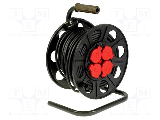 Extension lead; reel; Sockets: 4; rubber; black; 3x1,5mm2; 20m; 10A