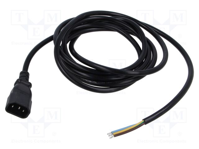 Cable; 3G1mm2; IEC C14 male,wires; PVC; 3m; black; 10A; 250V