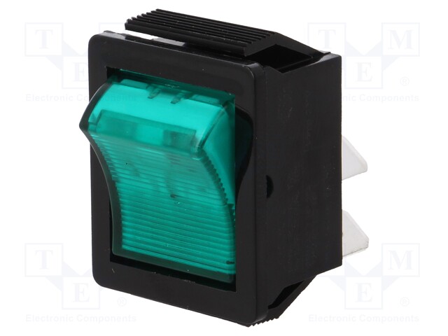 ROCKER; DPST; Pos: 2; OFF-ON; 16A/250VAC; green; neon lamp 250V