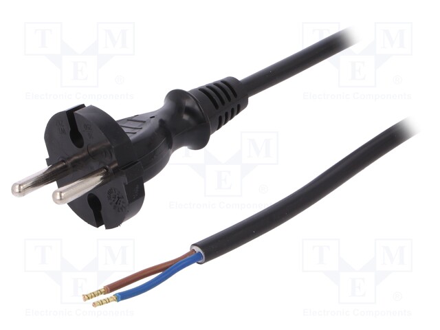 Cable; CEE 7/17 (C) plug,wires; 3m; black; PVC; 2x1mm2; 16A; 250V