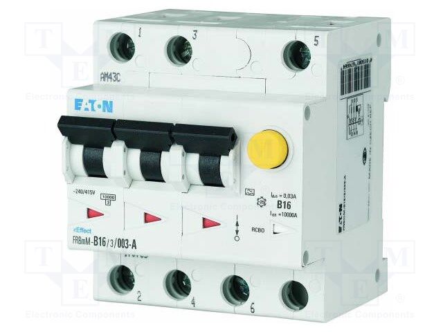 RCBO breaker; Inom: 10A; Ires: 30mA; Poles: 3; 240VAC; IP20; 1÷25mm2