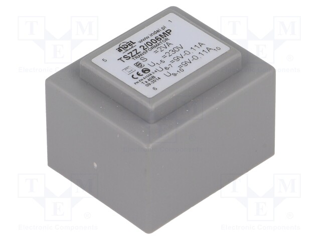Transformer: encapsulated; 2VA; 230VAC; 9V; 9V; 0.11A; 0.11A; IP00